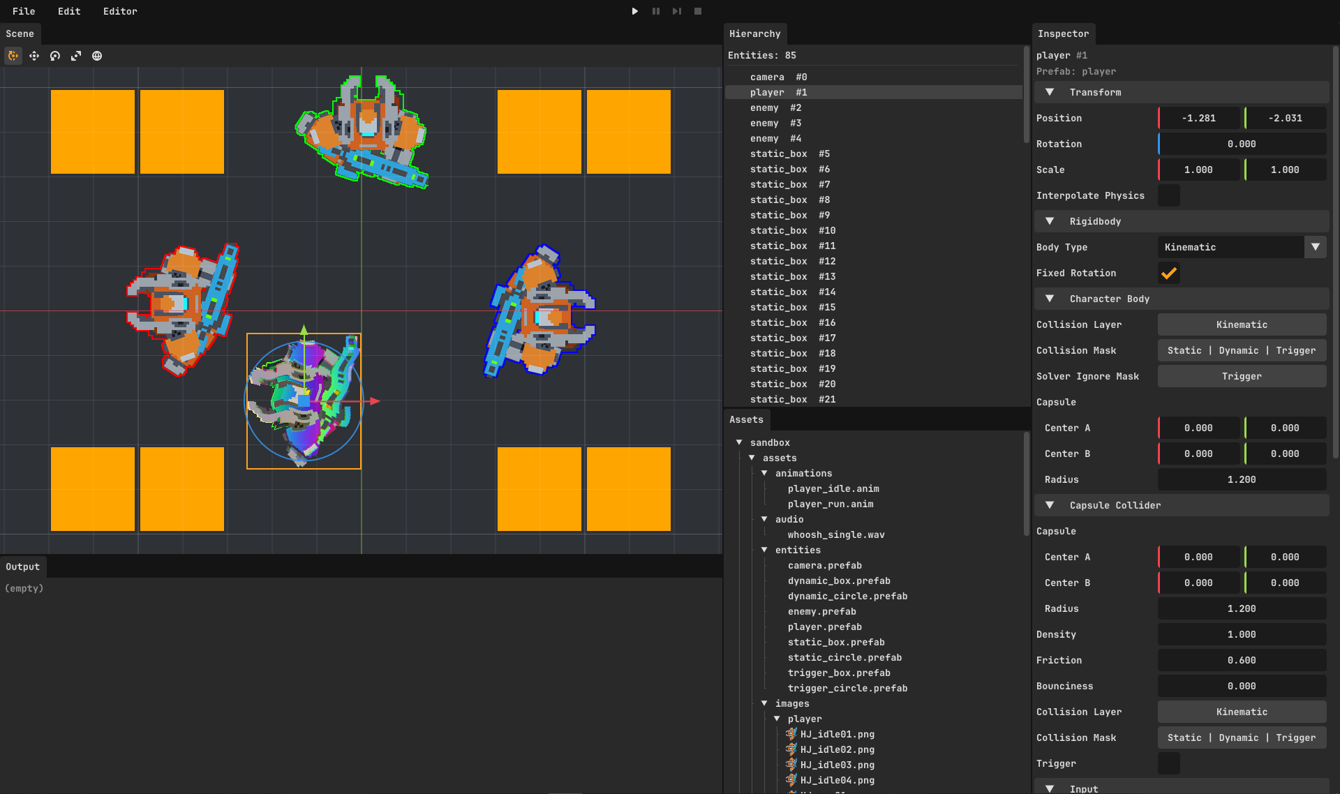The Hob2D editor - Scene view, Hierarchy, Inspector, and Assets docks