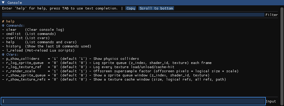 The drop-down ImGui developer console